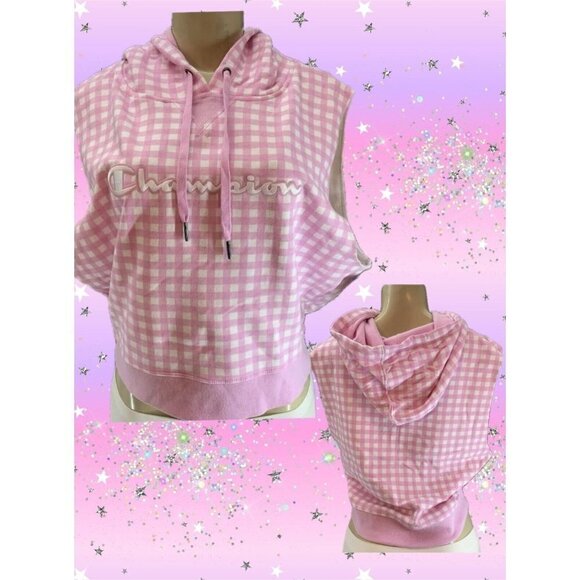 Champion XL Pink Checks Logo Raw Edge Ribbed Hem Sleeveless Hoodie Crop Top - Picture 1 of 6